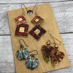 Curated bundle 3 retro/vintage enamel leafy + geometric statement earrings.